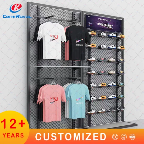 ODM/OEM Slatwall Floor Display for Retail Shop Shoes Display Shelf Slipper Sports Shoe Floor Display Shoe Store Sneakers MDF Sandals Display